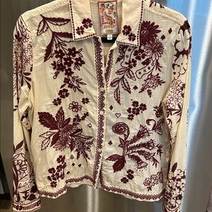 Johnny Was Beige and Maroon Embroidered Blouse